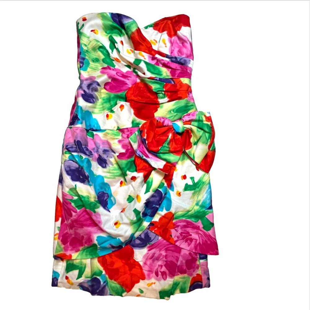 Vintage 80s Pantagis Floral Strapless Cocktail Dress Bold Watercolor Bow USA